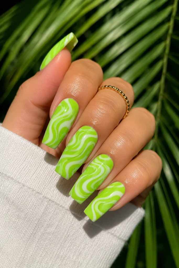  Lime green swirl nails bold abstract summer nail art 