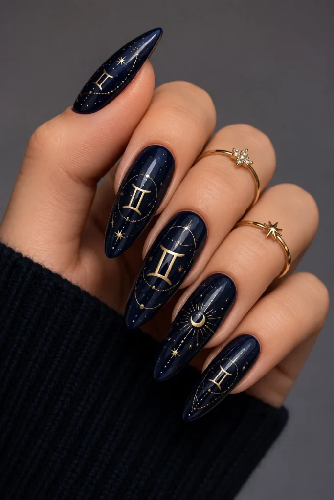 Long almond Gemini nails with elegant astrology-inspired zodiac styling