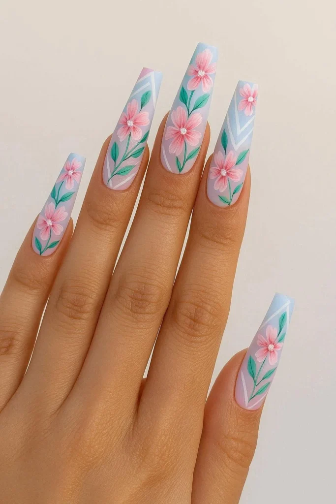 Long coffin festival nails with bold nail art and statement shape 
