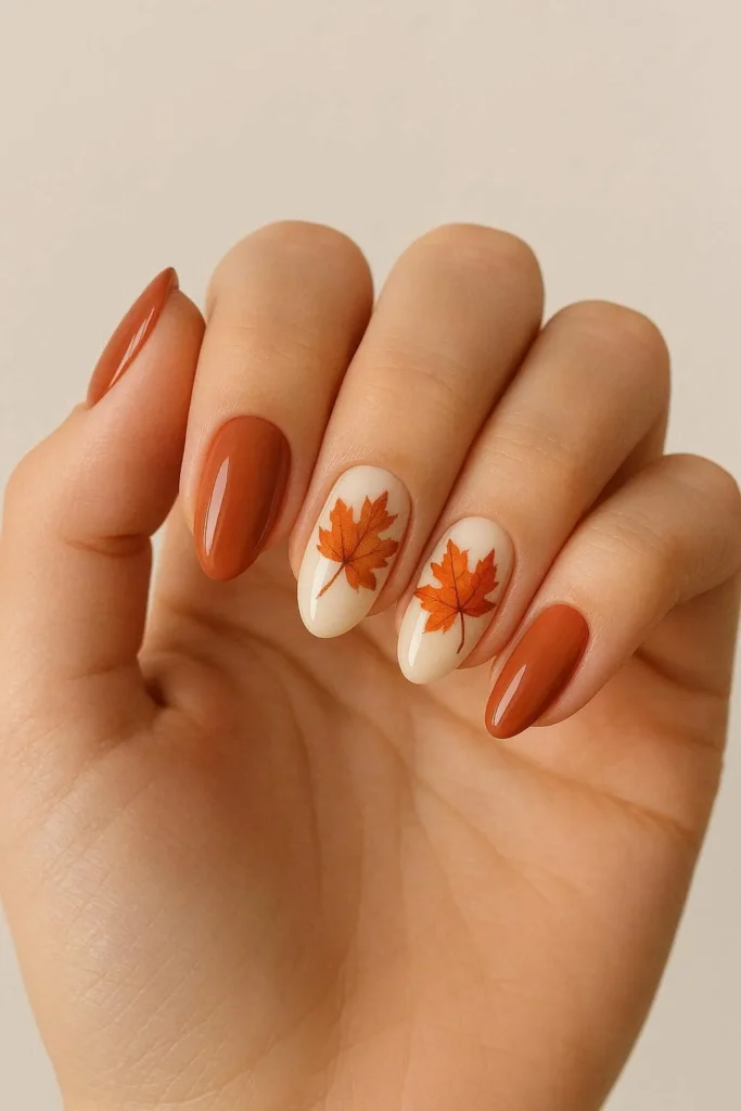 Maple leaf hand painted nail art accent for October fall