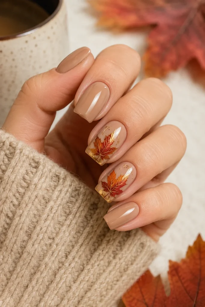 Nude nails with hand-painted maple leaf accent for Thanksgiving