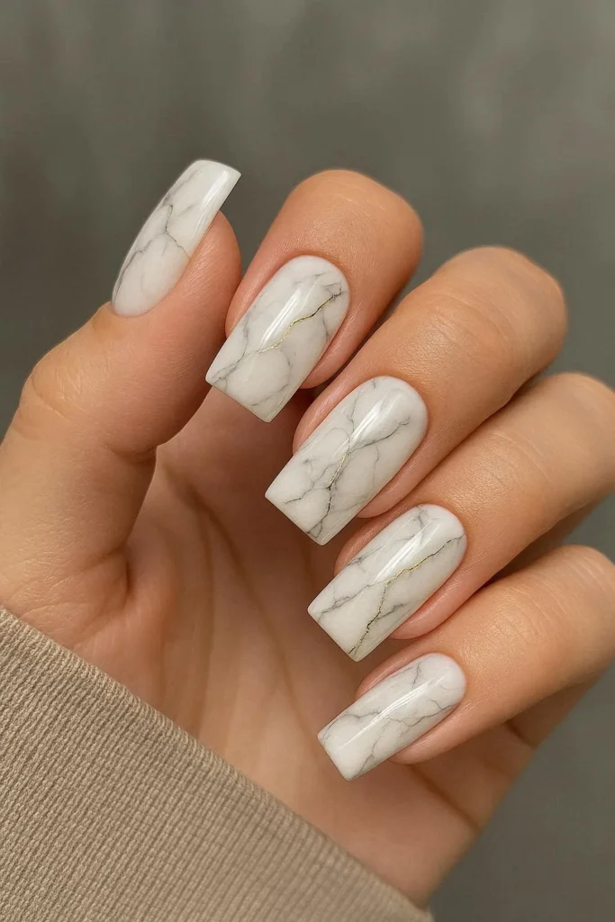 Marble effect square nails grey white gold veins glossy art