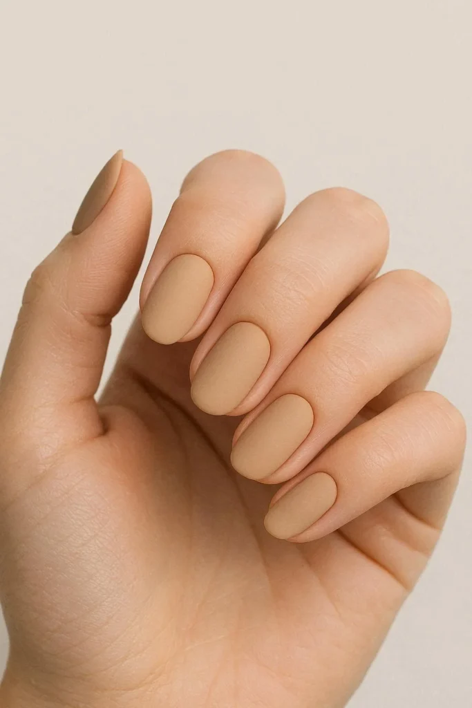  Matte beige nails with a smooth velvety neutral texture