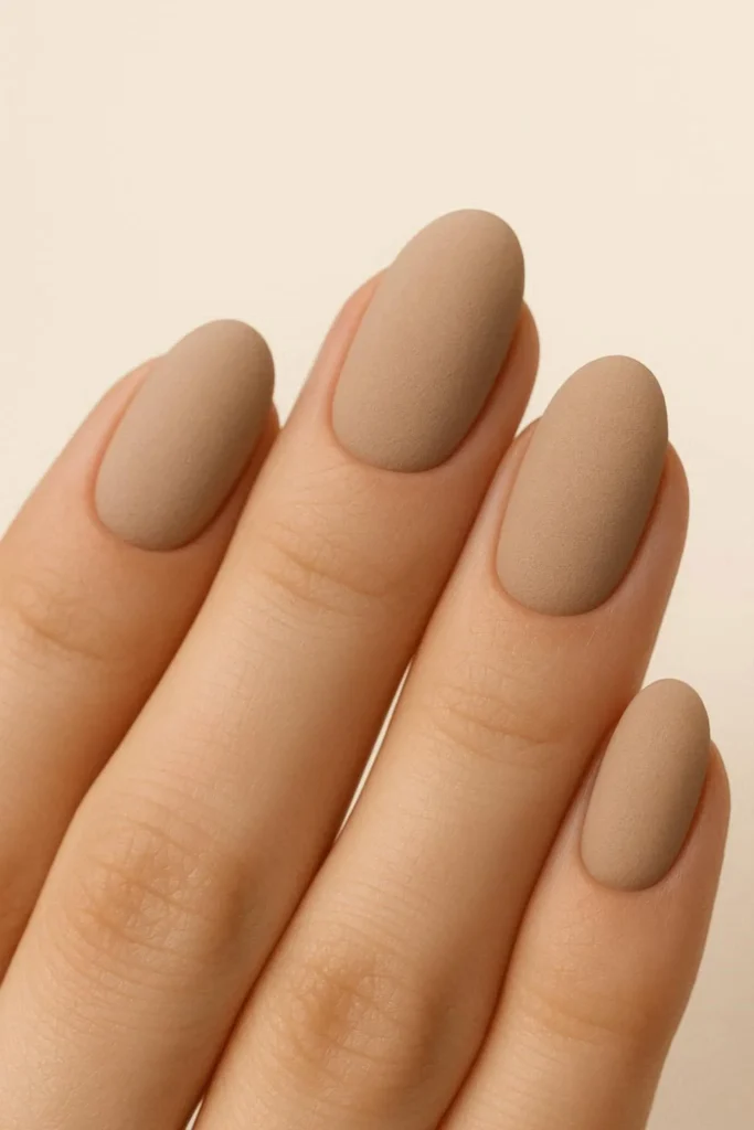 Matte beige oval nails with velvety smooth finish in warm greige 