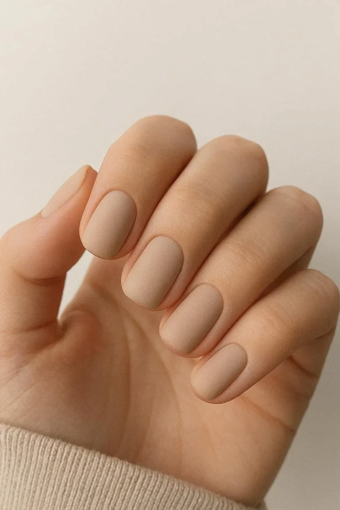 Matte beige plain nail ideas with neutral soft cozy finish 