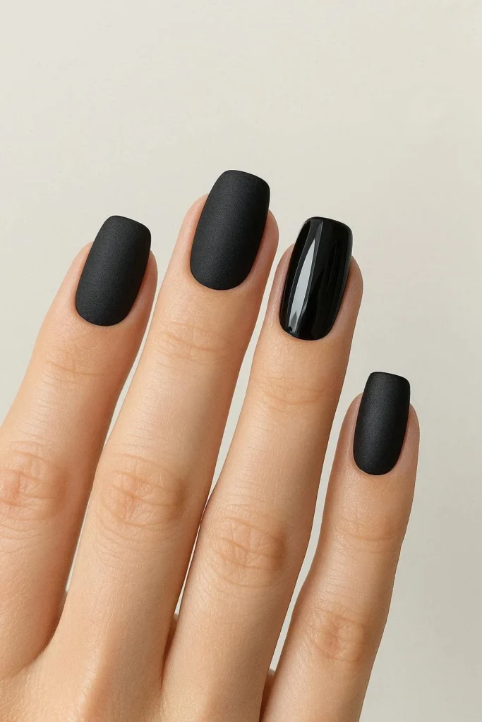 Matte black and gloss combo nails with bold textural contrast