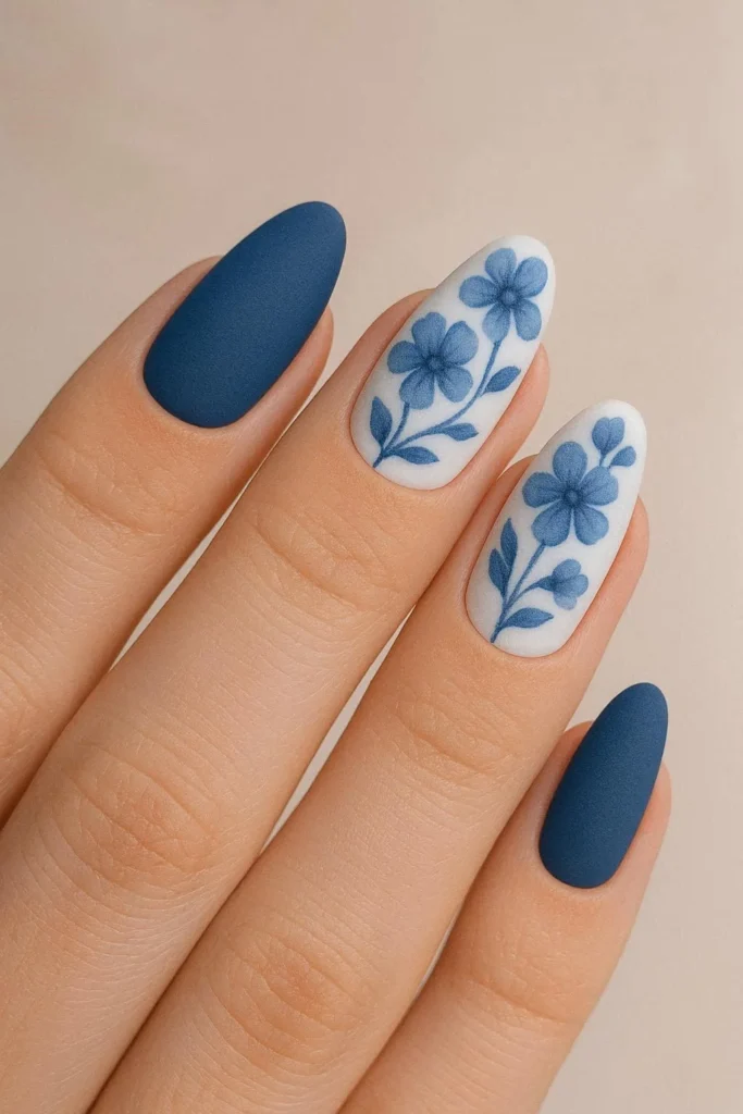  Matte blue and white floral nail design 