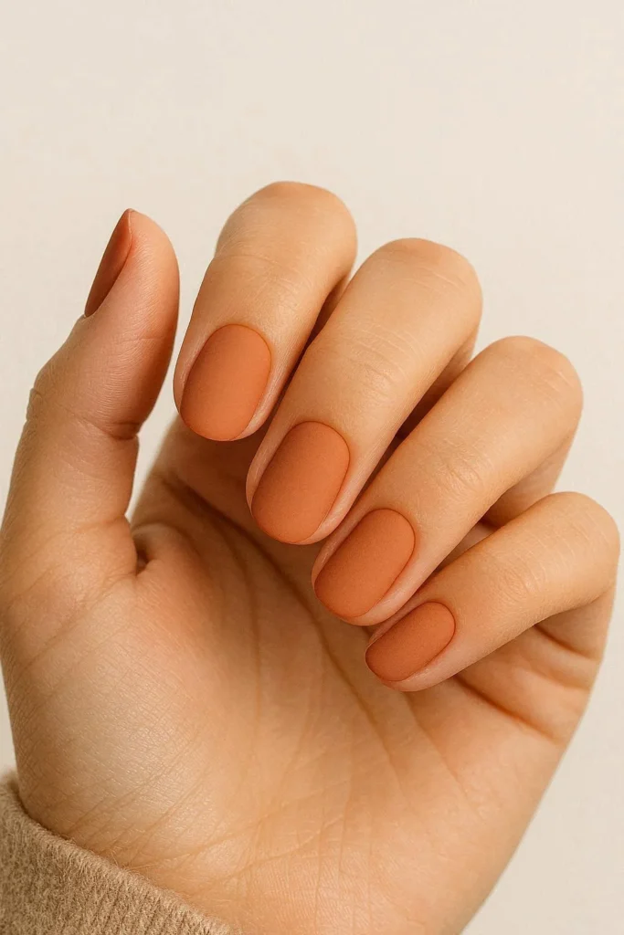 Matte desert nails in earthy terracotta and warm sand tones