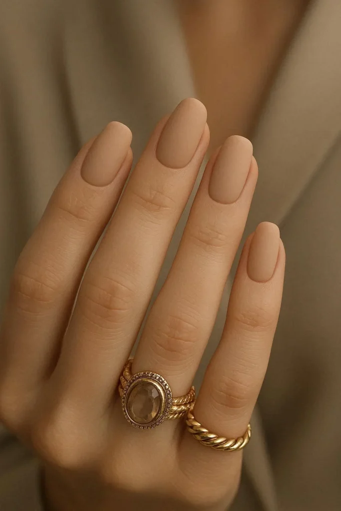 Matte nude engagement nails velvety smooth modern finish