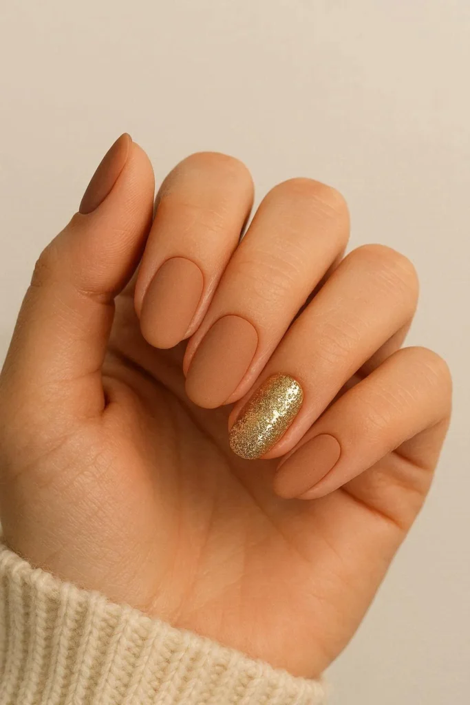 Warm matte nude holiday nails with soft velvet finish 