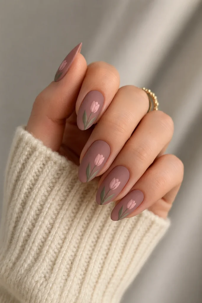  Matte tulip nail design with velvety finish and soft floral accents 