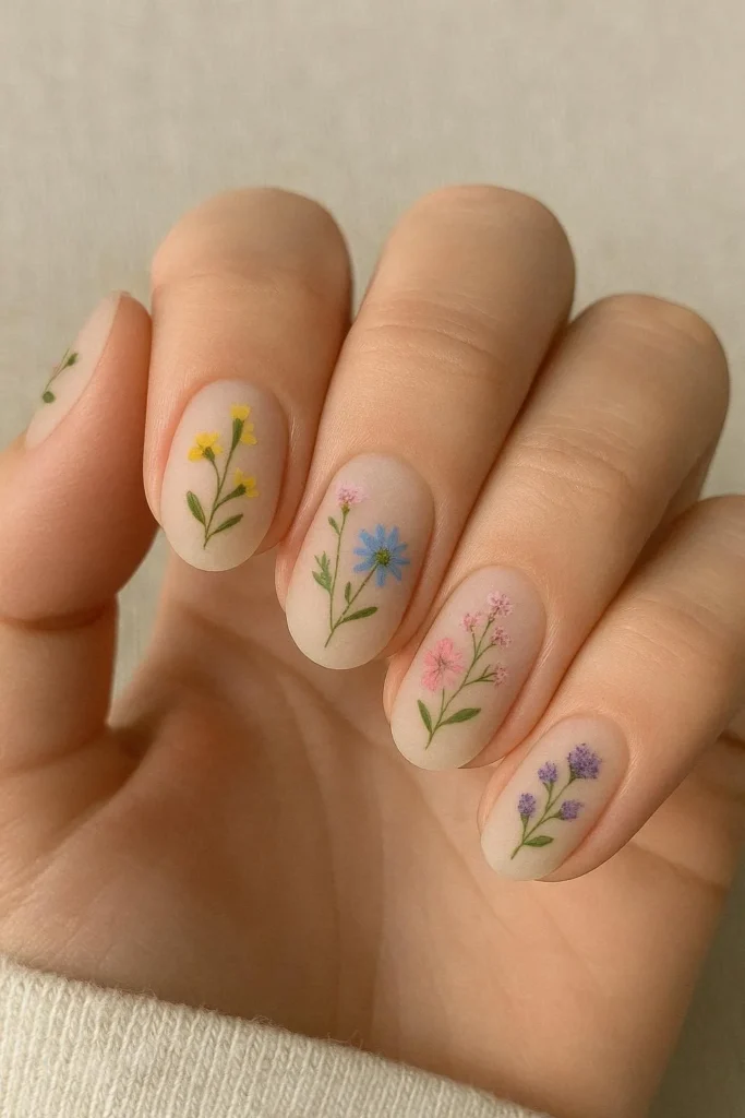 Matte wildflower nails with soft velvety floral finish
