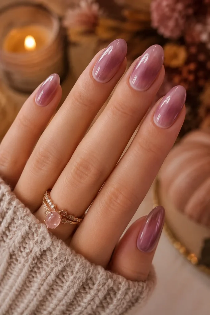 Mauve aura blended oval nails for soft romantic fall manicure