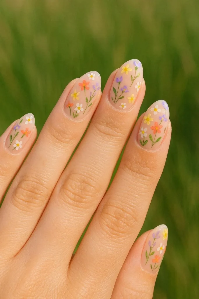 Meadow inspired floral nails with colorful wildflower mix
