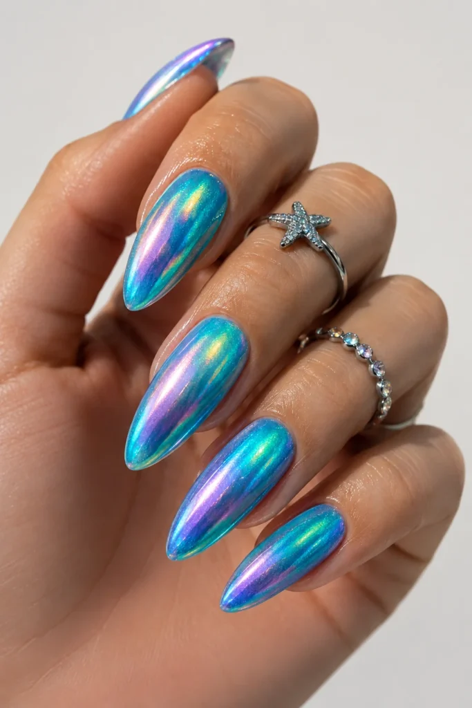 Mermaid chrome nails iridescent teal holographic summer 