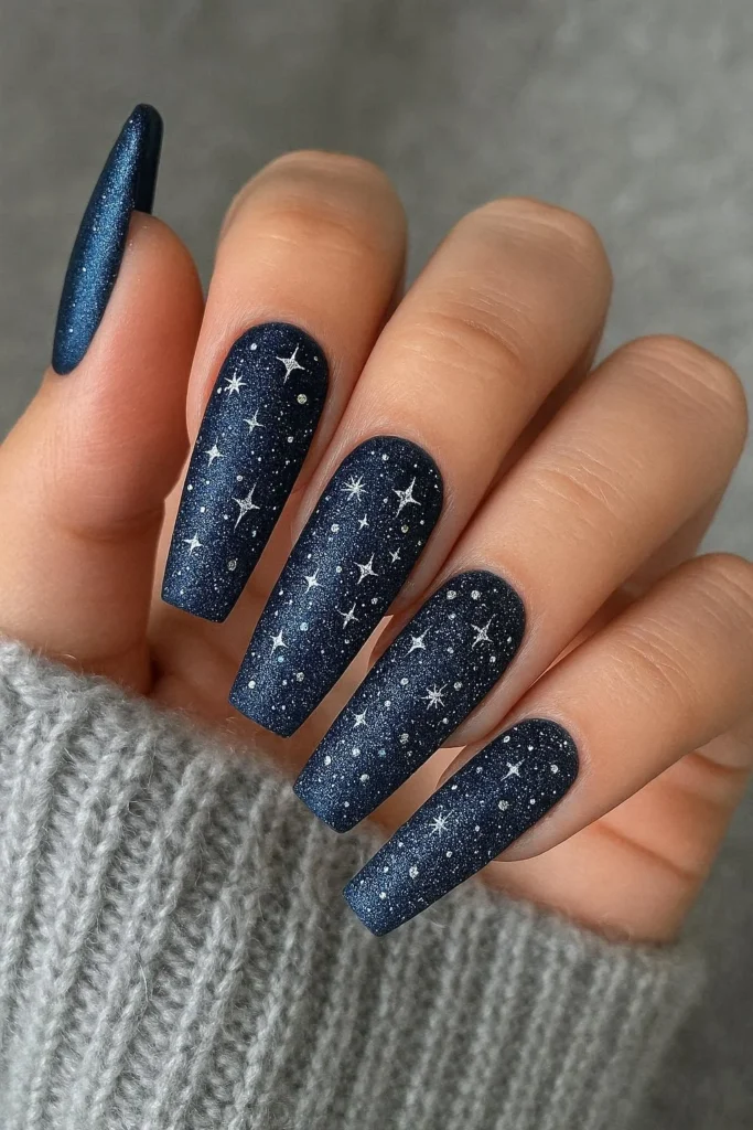 Midnight blue velvet shimmer nails for elegant winter manicure