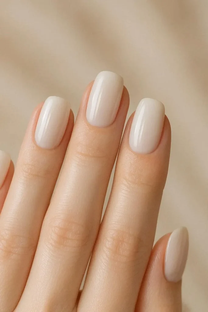 Milky white gloss engagement nails with porcelain finish 
