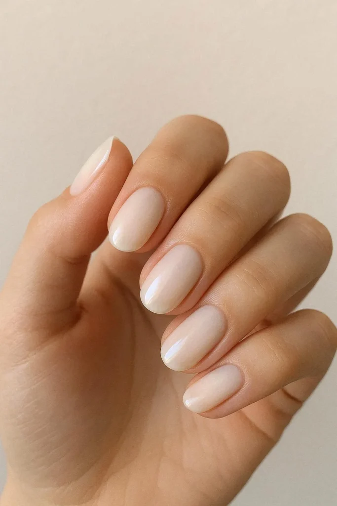Milky white nails with a soft semi-sheer glazed finish 