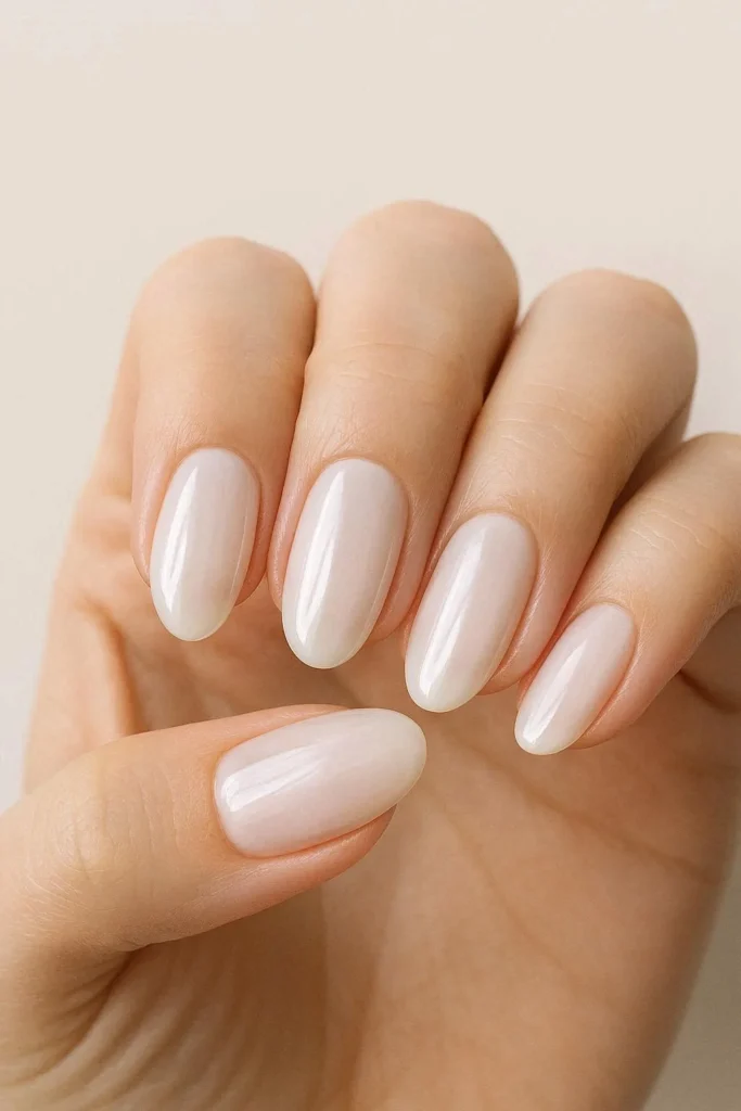 Milky white semi-sheer oval nails with glazed luminous finish