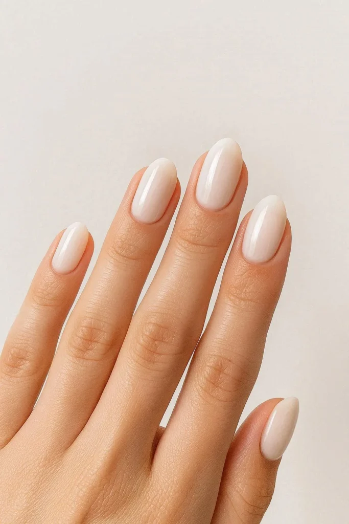 Milky white glossy spring nails soft elegant manicure