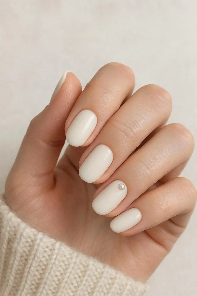 Soft milky white winter nails with cozy elegant finish 
