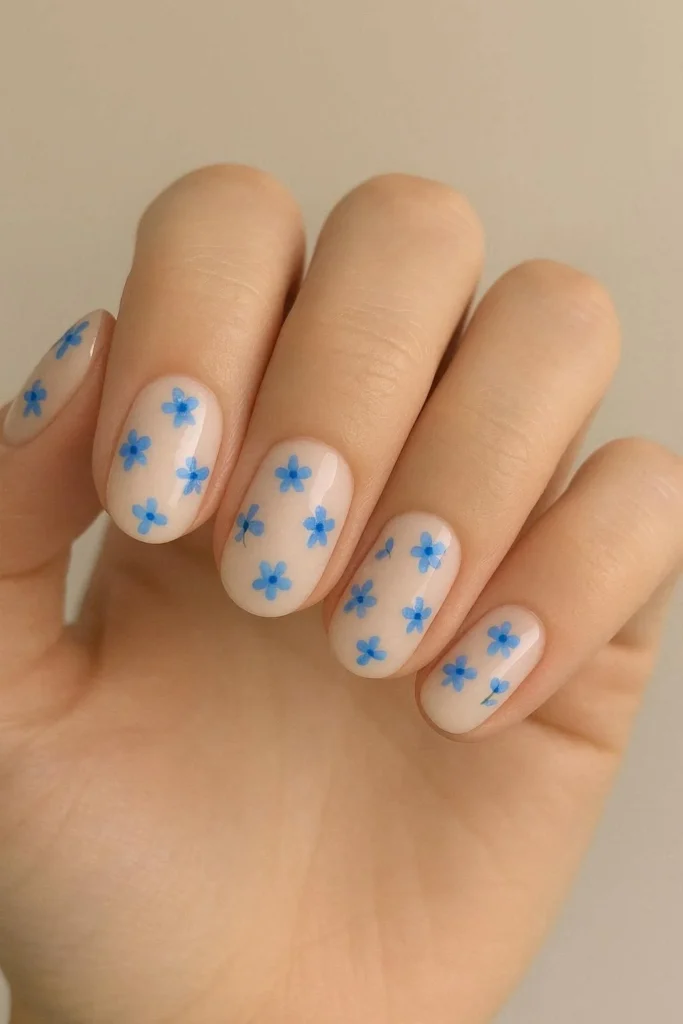 Minimal blue flower nail design on white base