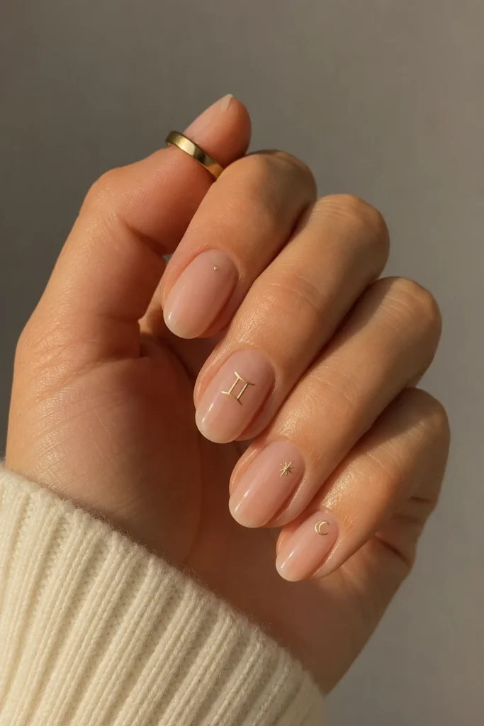 Minimal Gemini nails with clean nude base and subtle zodiac detail 