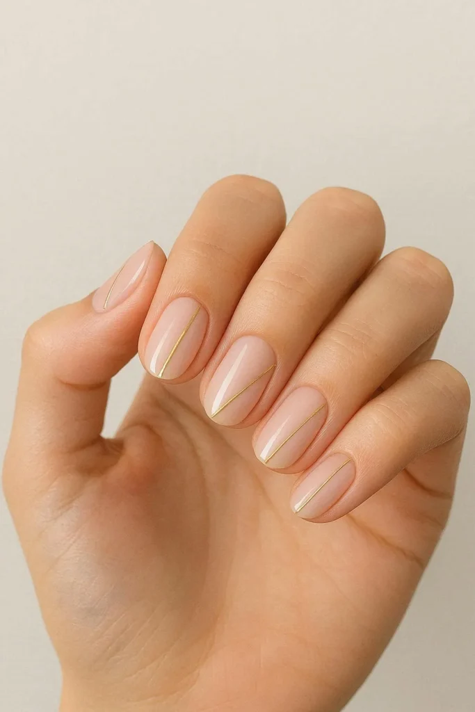 Minimal gold line graduation nails with fine metallic nude details