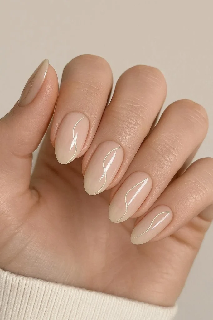Minimal gold line art engagement nails on neutral base 
