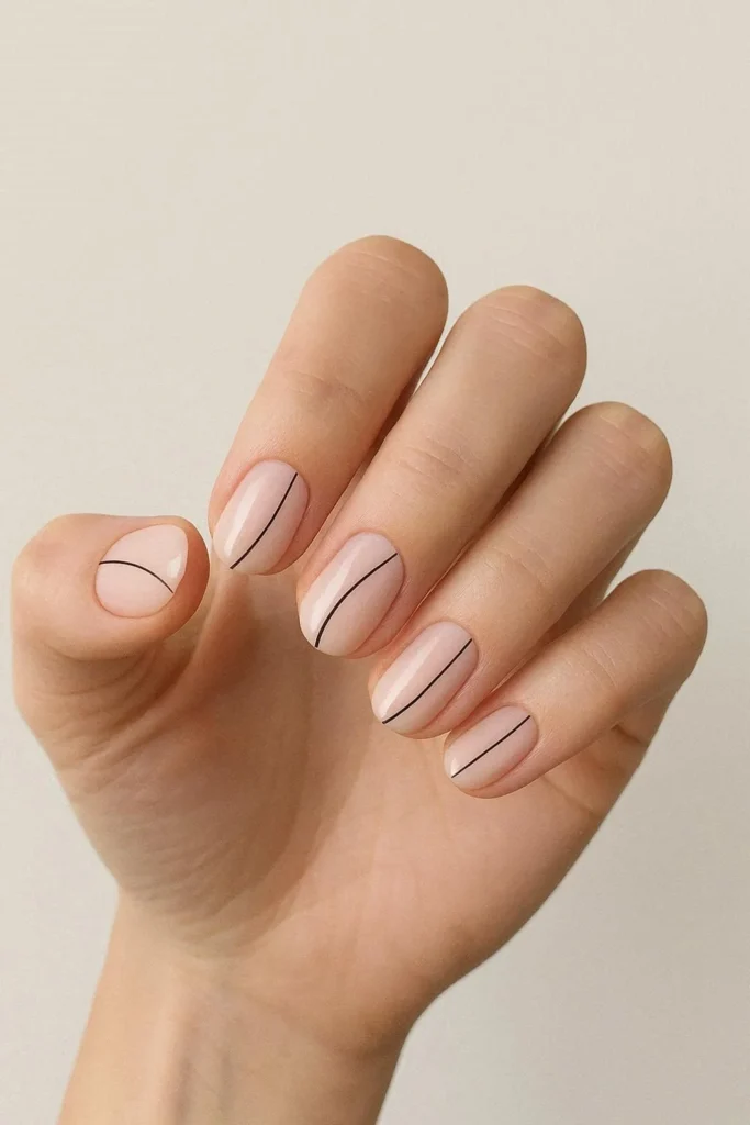  Minimal line art nails with thin fine lines on nude base 