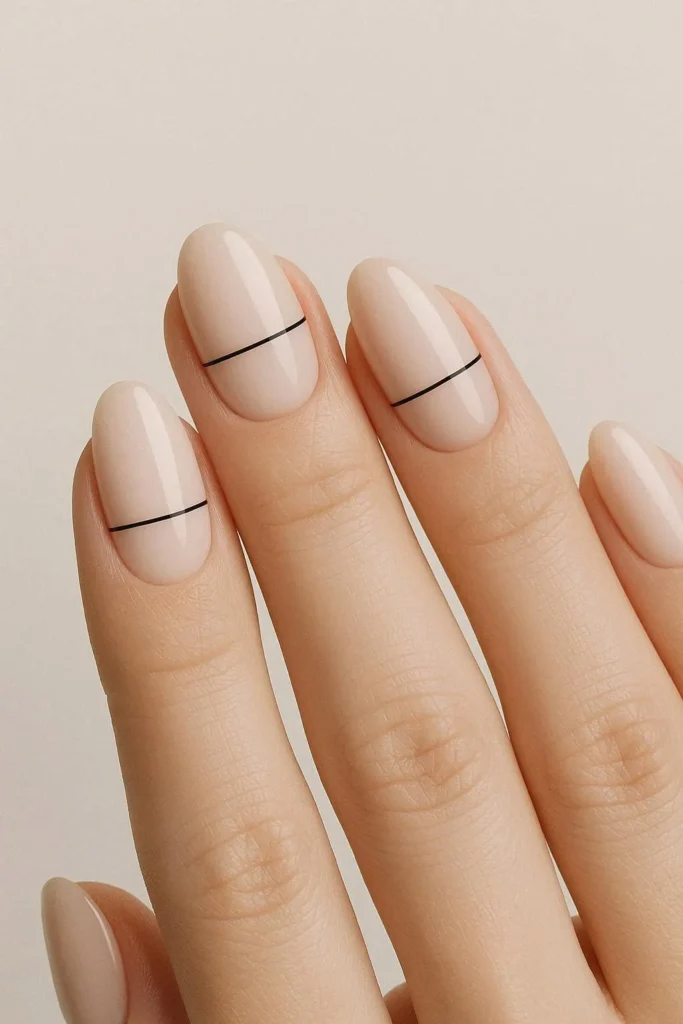 Minimal line art oval nails with fine gold line on neutral base