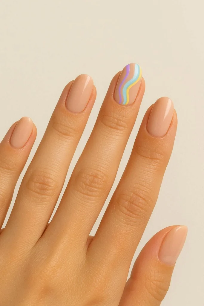 Minimal pucci accent nails with subtle colorful swirl on nude base