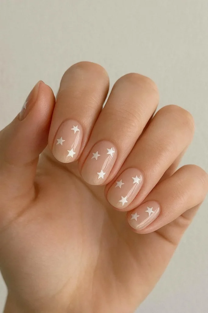 Minimal star nails with subtle gold stars on nude base