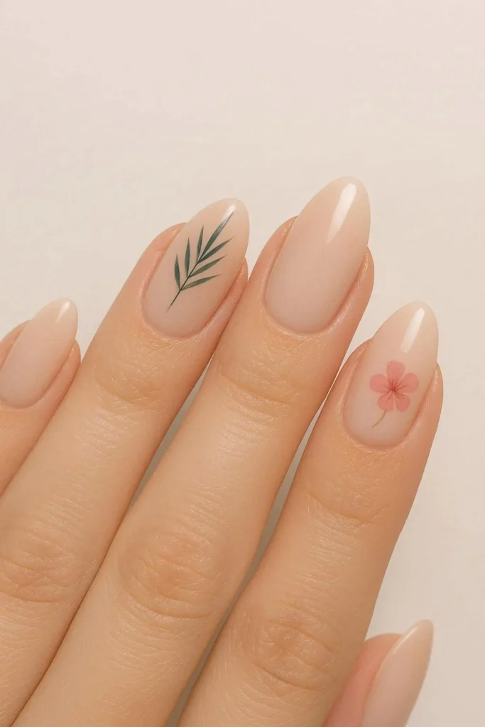 Minimal tropical almond nails with tiny leaf and floral accents
