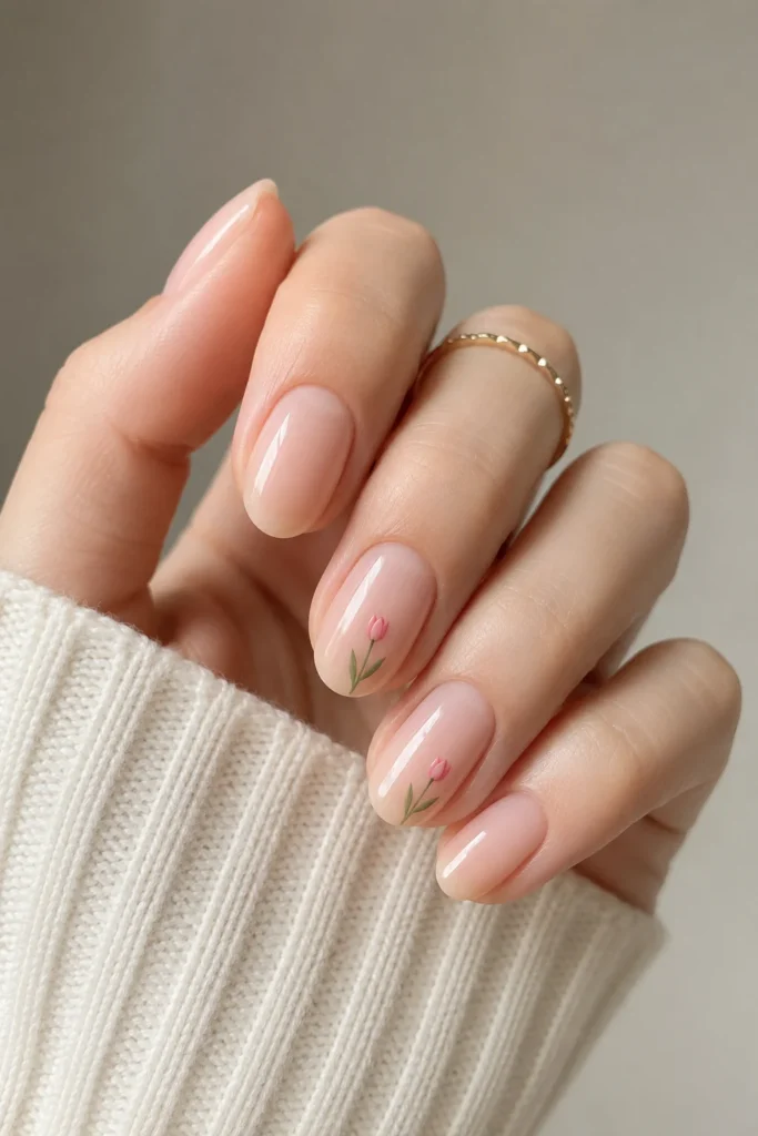 Minimal tulip nail design with tiny floral accents on nude base 