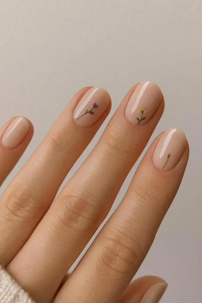 Minimal wildflower nails with tiny floral accents 
