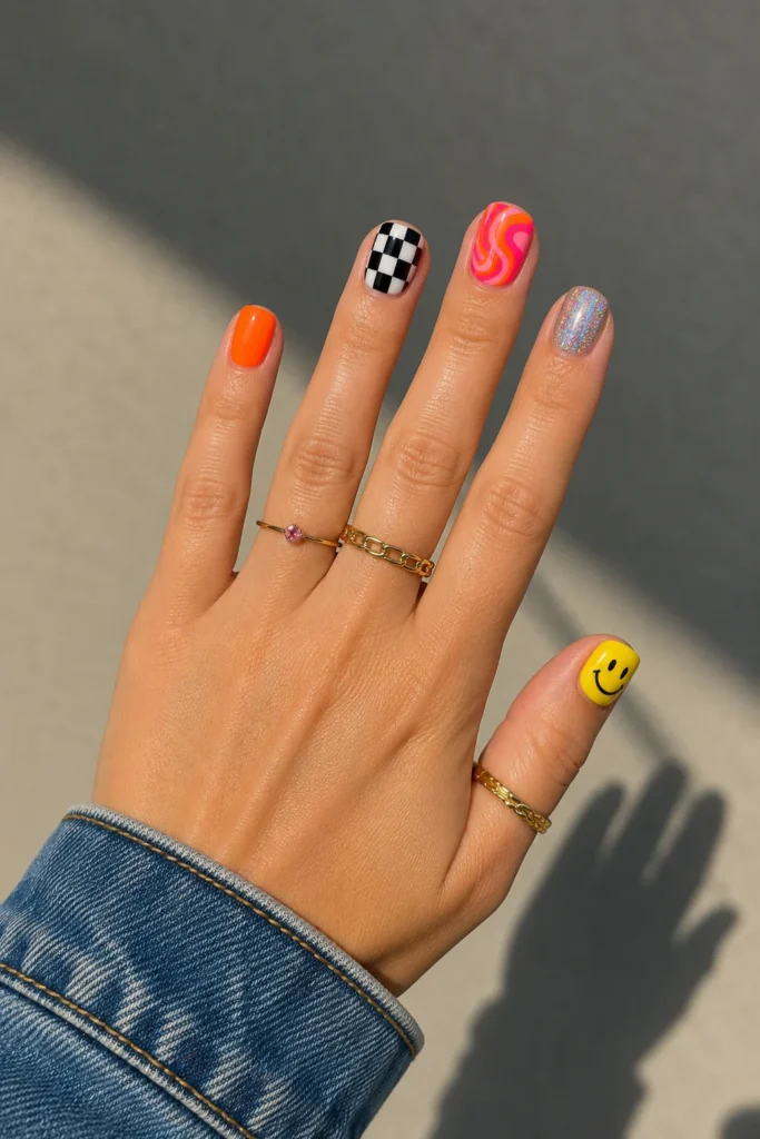 Mismatched funky nails in multiple colors and patterns on square shape