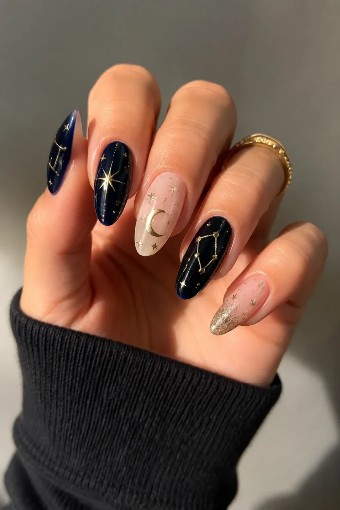 Mixed design zodiac nails with different cosmic art each finger