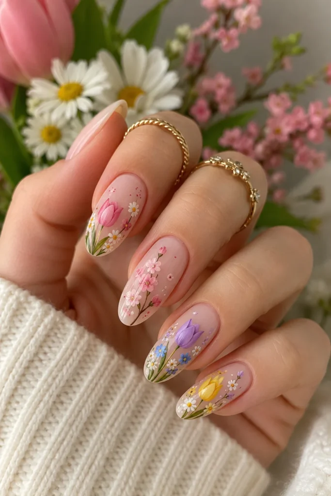 Mixed floral tulip nails combining tulips daisies and spring wildflowers
