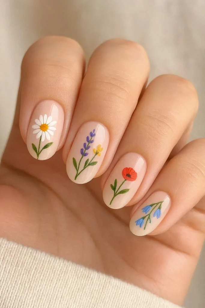  Mixed floral nail designs with different flowers on each nail 