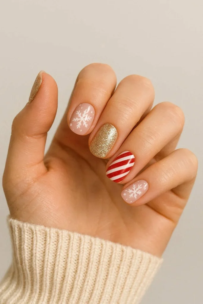 Mixed holiday nail designs with different festive winter patterns