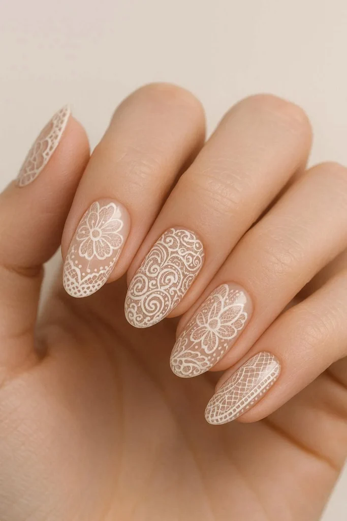  Creative mixed lace nail designs with unique intricate patterns per nail 