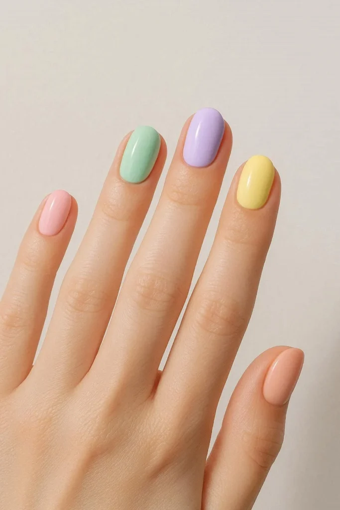 Mixed pastel rainbow nails different shades each finger spring