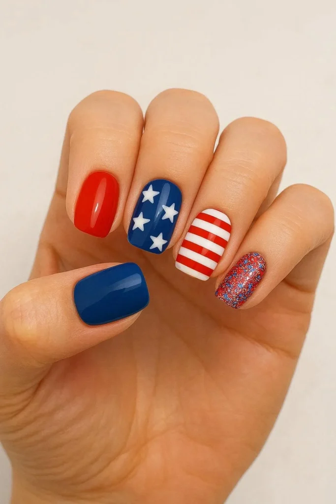 Mixed patriotic nail art with different designs each finger 