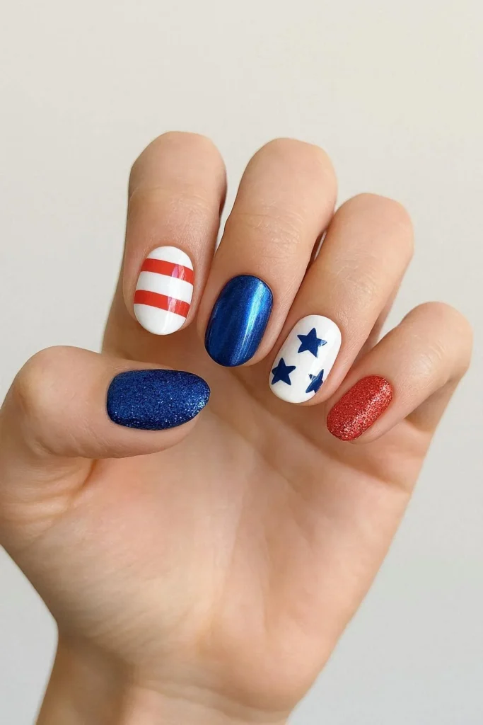 Mixed patriotic nail designs with different art each finger