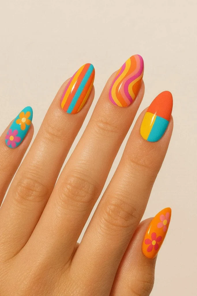 Mixed pattern nails with bold designs on every single finger 