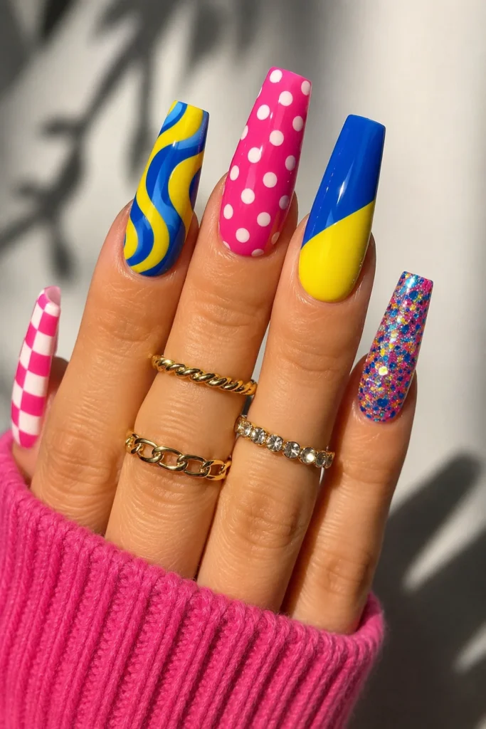 Mixed pattern party nails with checkers swirls and dots on coffin shape