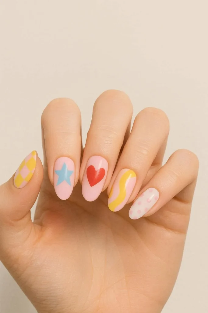 Mixed retro pattern Y2K nails with every nail different 