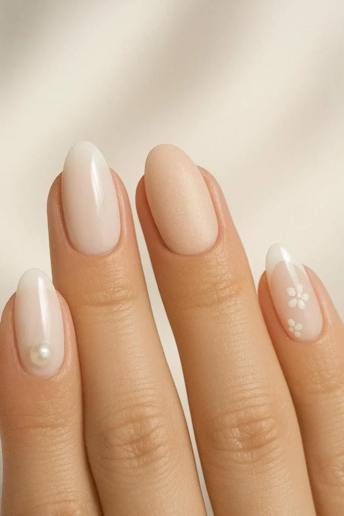 Mixed soft design engagement nails pearl gloss floral romantic set 