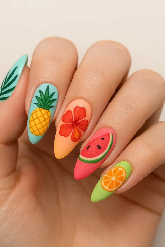 Mixed tropical almond nails with pineapple palm leaf and hibiscus designs